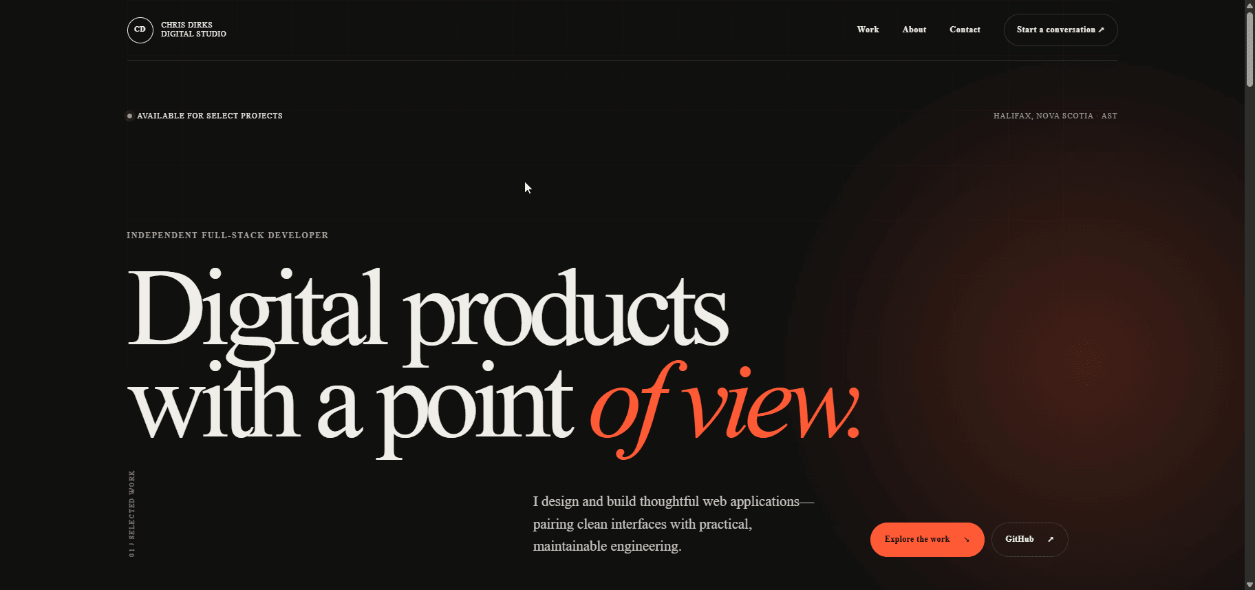 Chris Dirks portfolio homepage with editorial typography and dark visual design